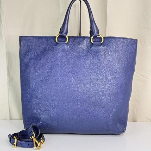 Prada Navy Blue Leathe Convertible Shopper Tote - Picture 3 of 9